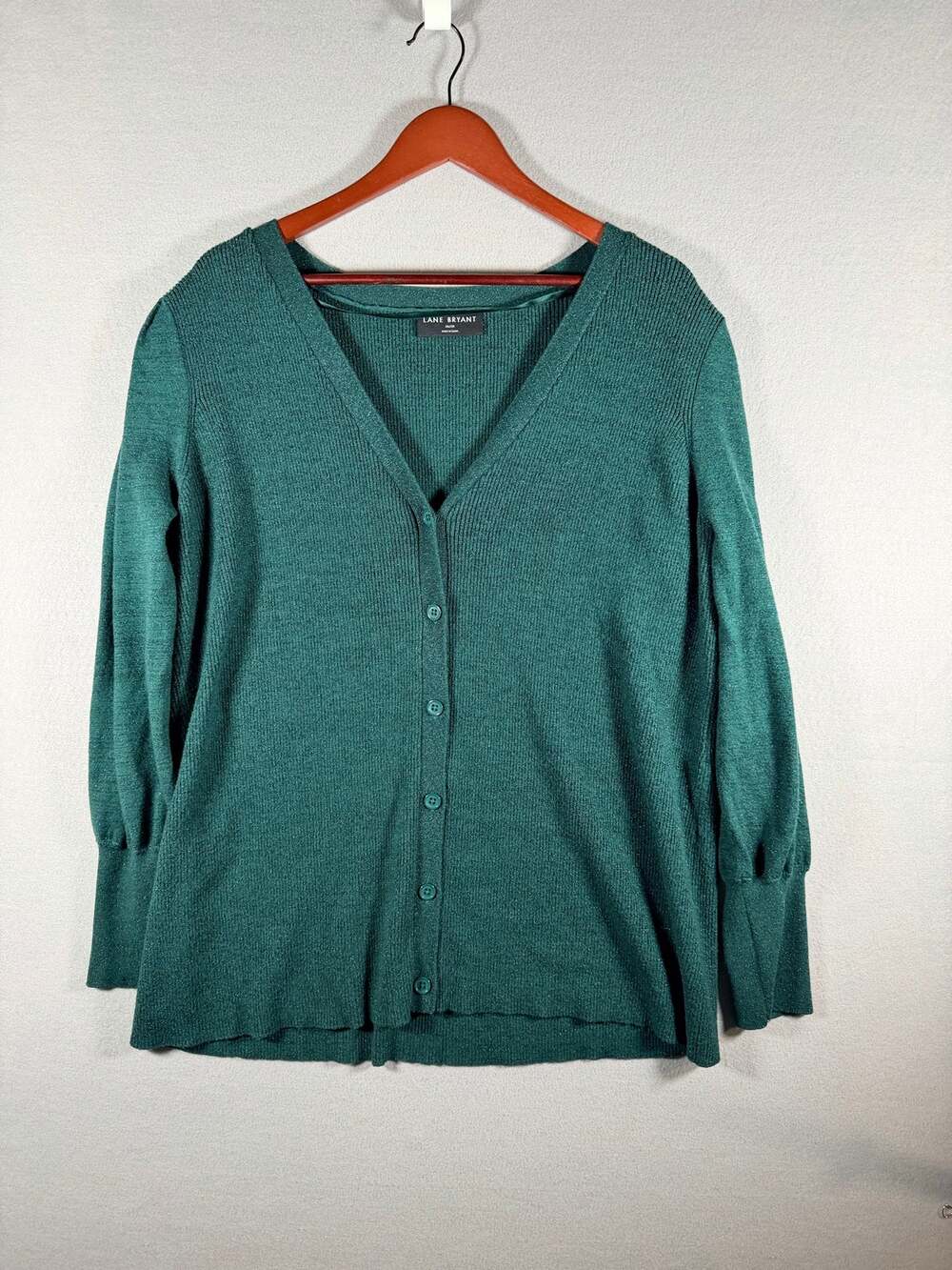 Lane Bryant Womens Plus 26/28 Green Metallic Ribbed Cardigan Sweater Puff Sleeve